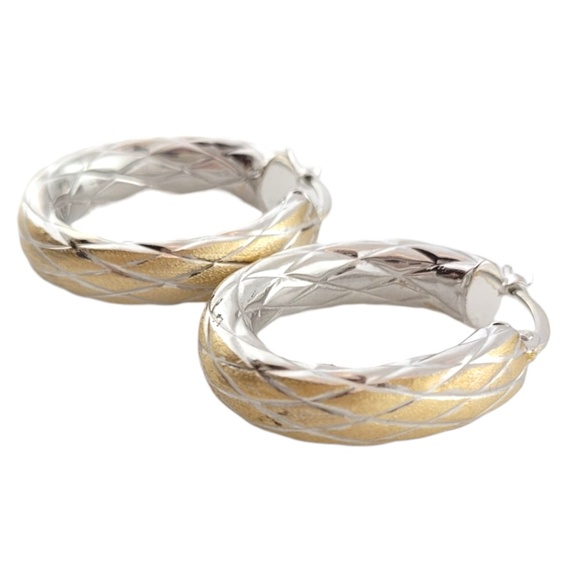 14K White and Yellow Gold Criss Cross Pattern Hoop Earrings #16190 - Picture 2 of 7